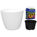Doniczka Splofy 26cm biała - osłonka + wkład + ziemia z nawozem