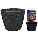 Doniczka Splofy 26cm antracytowa - osłonka + wkład + ziemia z nawozem