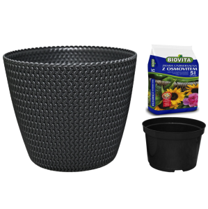 Doniczka Splofy 26cm antracytowa - osłonka + wkład + ziemia z nawozem