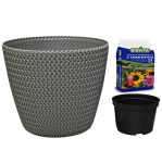 Doniczka Splofy 26cm szara - osłonka + wkład + ziemia z nawozem