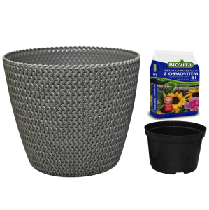 Doniczka Splofy 26cm szara - osłonka + wkład + ziemia z nawozem