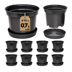 Doniczki produkcyjne czarne RS0.7A 0,7L 12cm okrągłe z podstawkami x 10szt.